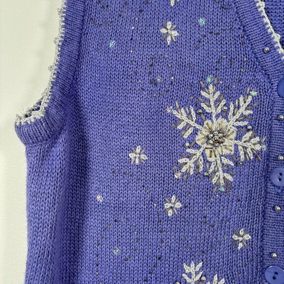 Vintage Snowflake Embroidered Beaded Knit Vest Purple Blue Holiday Size Medium - Picture 4 of 8